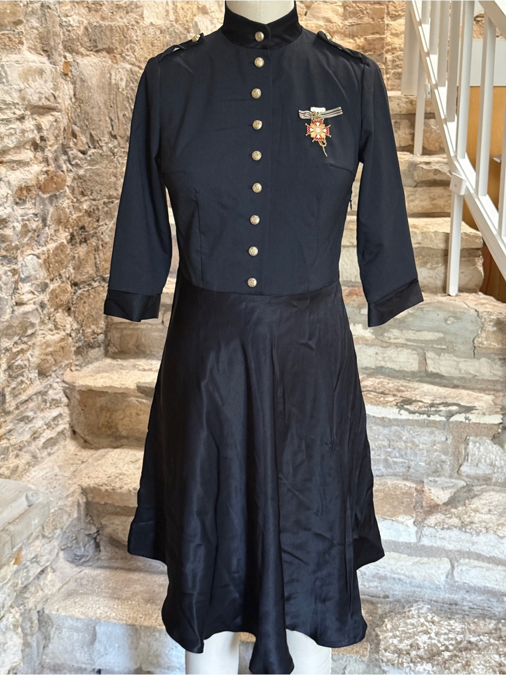 Muza Black Military-Inspired 3/4 Sleeves Button Dress with Medal Accent